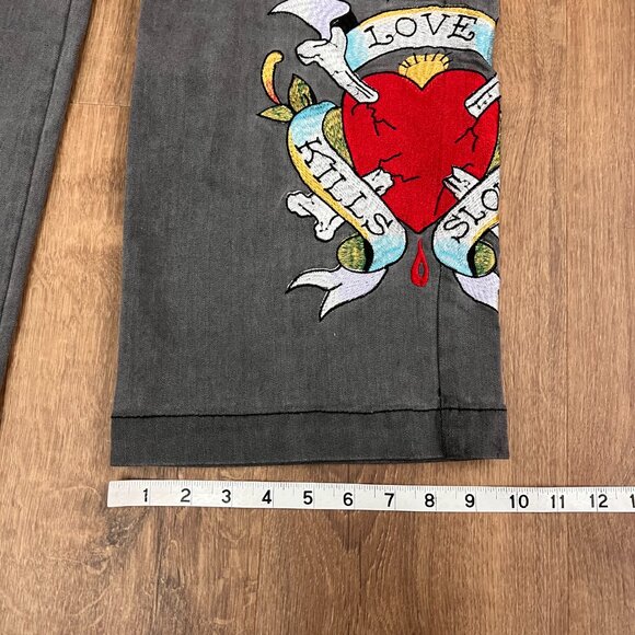 NEW Ed Hardy Tattoo Embroidered Wide Leg Gray Jeans Sz 26 - Picture 9 of 12